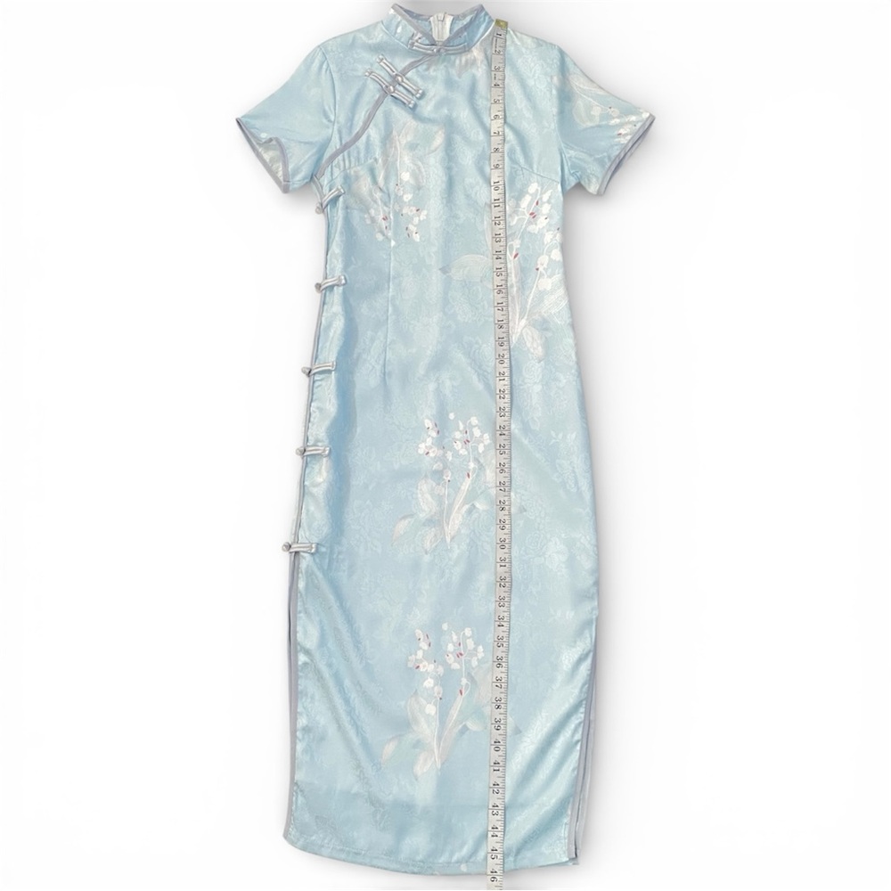 Lilly of the Vally Floral Short Sleeve Midi Blue Cheongsam Qipao Chinese Size S - Picture 9 of 10